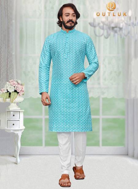 Sky Blue Colour Outluk vol 25 Stylish Fancy Designer Party And Function Wear Art Silk With Lucknowi Kurta Churidar Pajama Redymade Collection 25008